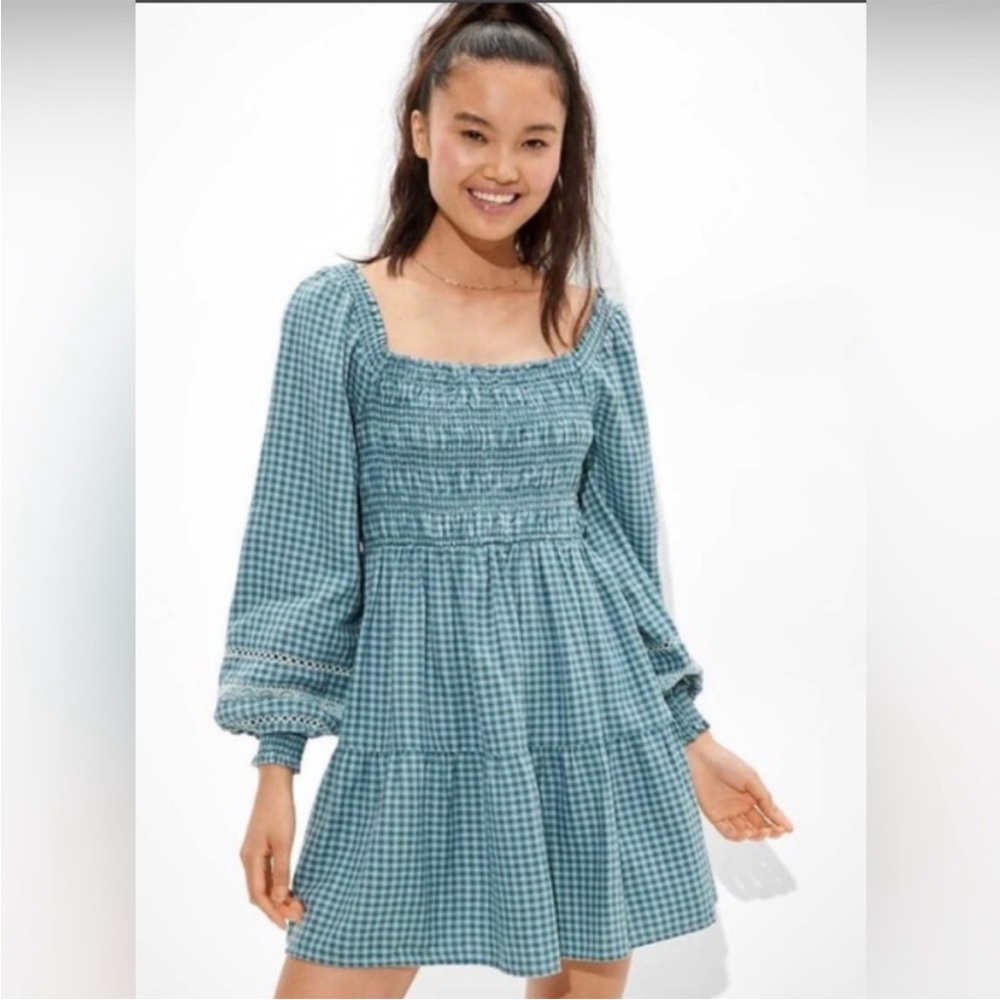 American Eagle Plaid Mini Dress Smocked Square Neck Gingham Babydoll Prairie M